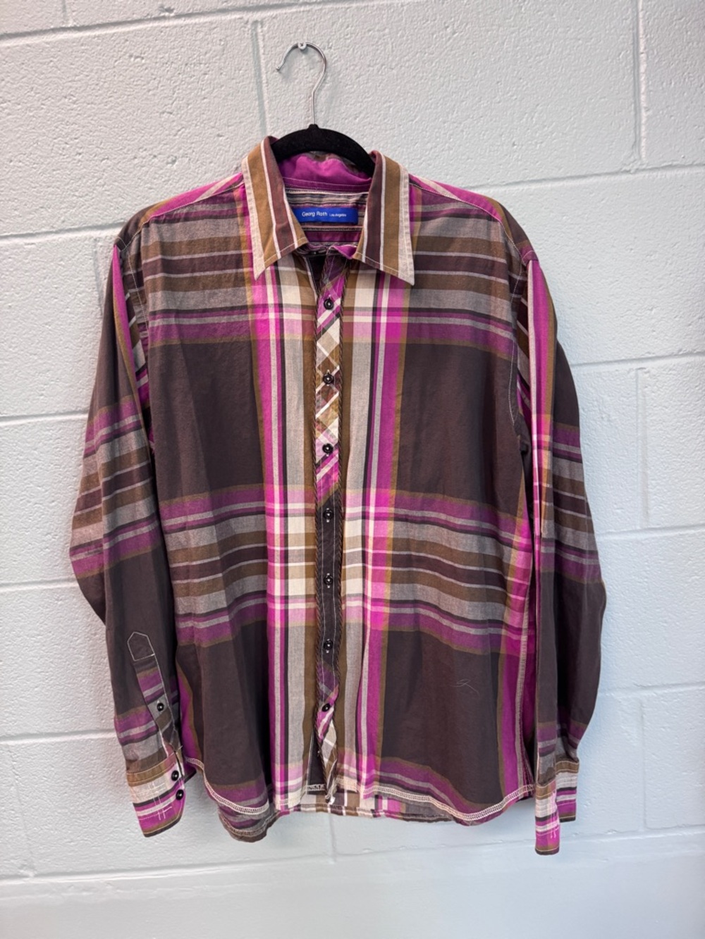 Georg Roth Los Angeles Plaid Button Down Shirt Pink Brown L/S Contrast Trim